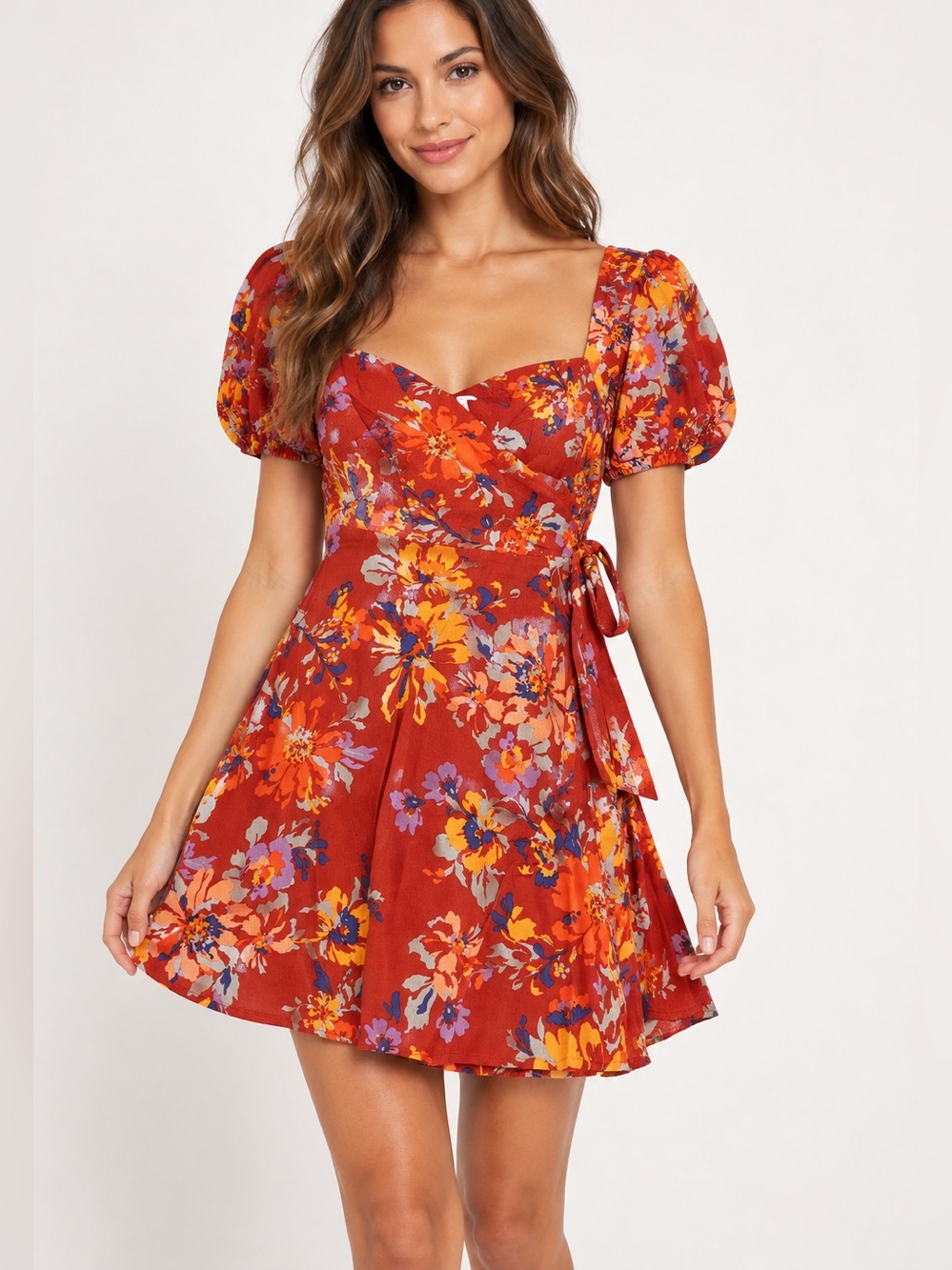 L*SPACE Cambria Floral orange Mini wrap Dress size XS Puff Sleeve adjustable tie